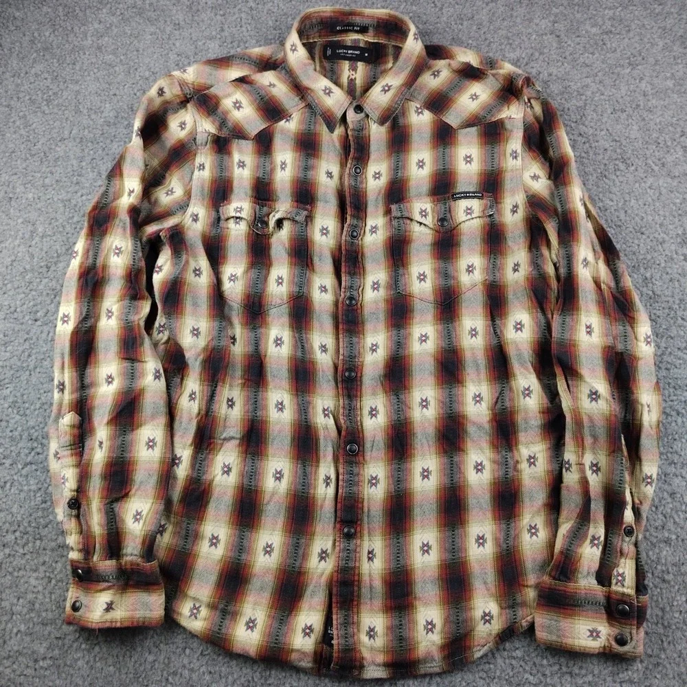 Lucky Brand Shirt Pearl Snap Mens Medium Plaid Southwestern Aztec